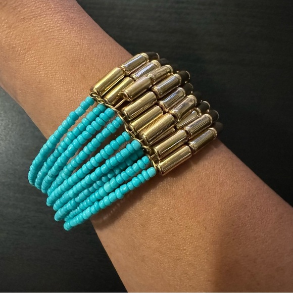 🧜🏼‍♀️ ⚜️3 for $30⚜️ Mermaidcore Blue Gold Beaded Cuff Bracelet Adjustable - Picture 7 of 10